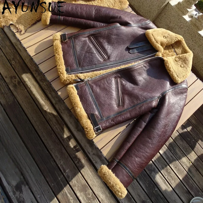 AYUNSUE Natural Merino Sheep Fur Jackets for Man Winter Warm Genuine Leather Jacket Men Vinatge Short Real Wool Fur Coat 2026