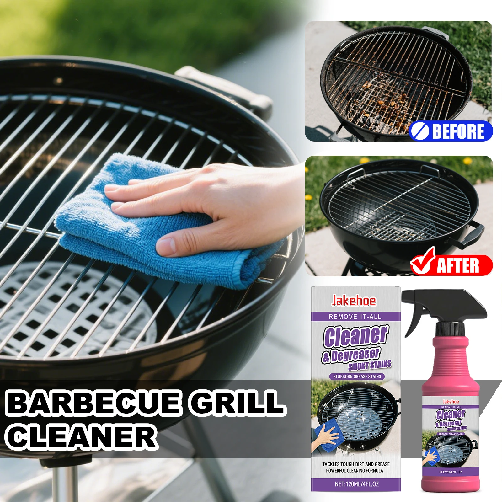 JAKEHOE 120ml Barbecue Rack Cleaner Powerful Cleaning Stubborn Grease Removes Carbon Deposits Safe Formula No Damage for Grill