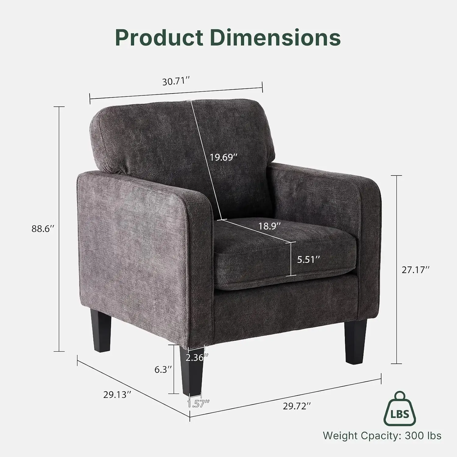 Modern Accent Armchair Comfy Reading Seating Living Room Bedroom Reception Waiting Dark Grey, Customized