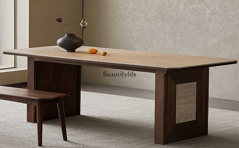 

Nordic solid wood travertine rock slab dining table North American black walnut solid wood dining table