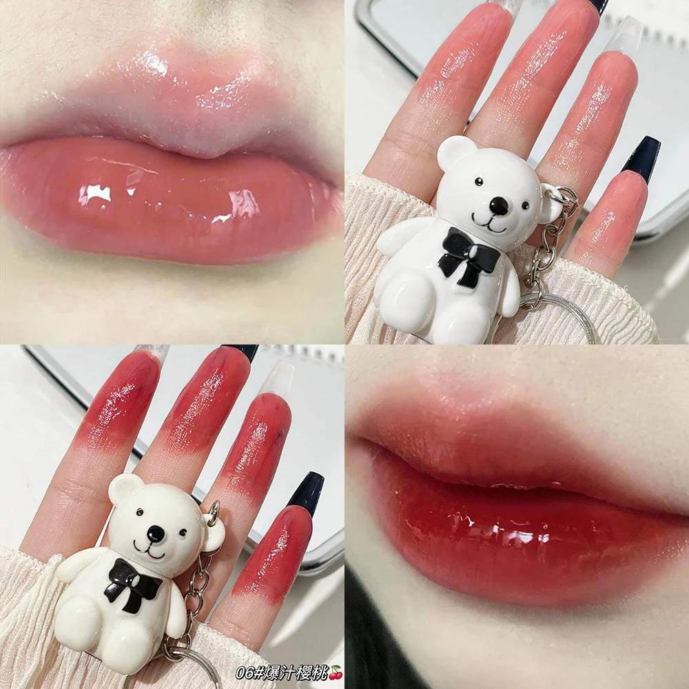 2023 New Water Light Stain Lip Gloss Mirror Gloss Lipstick Cute Bear Keychain Lip Glaze Long-lasting Waterproof Matte Lip Tint