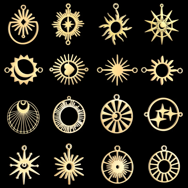 3pcs Gold Plated Stainless Steel Charm Flame Fire Sun Charms DIY Necklace Bracelet Earring Moon&Star Pendant Jewelry Accessories