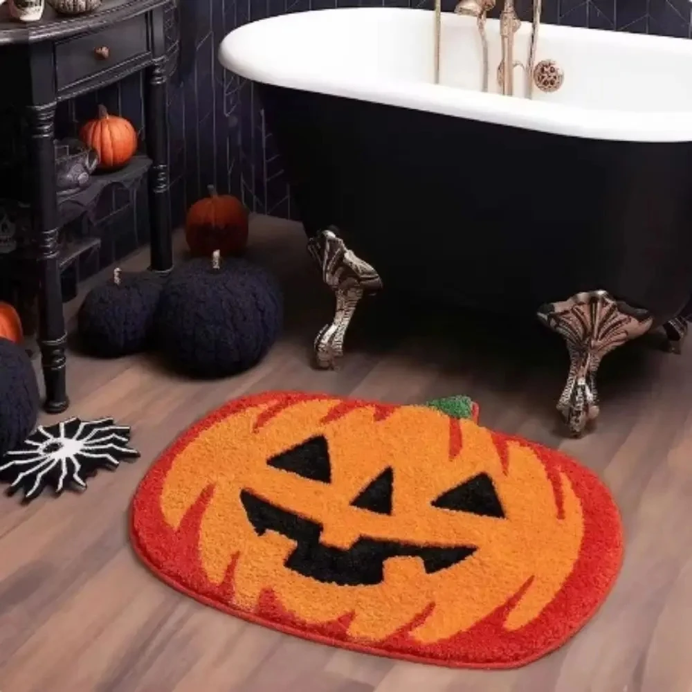 

Cartoon Cute Ghost Faced Pumpkin Shape Carpet Halloween Atmosphere Decoration Bathroom Water Absorbing Thickened Flocked Doormat