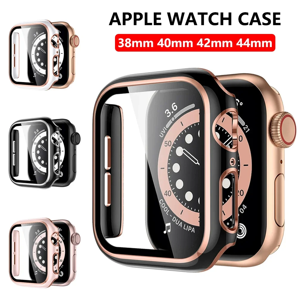 Tempered Glass+Case For Apple Watch 44mm 40mm 42mm 38mm PC bumper Screen Protector Cover iWatch series 6 5 4 3 2 1 SE Accessorie