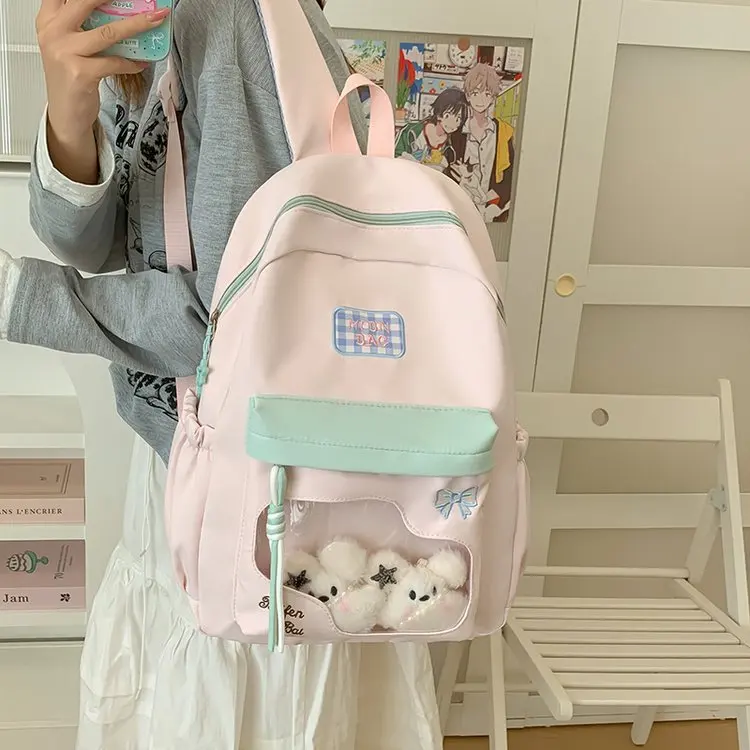 New  Knot Transparent School Bag Youthful Girl Backpack Double Layered Zipper Closure Water Resistant Nylon Material