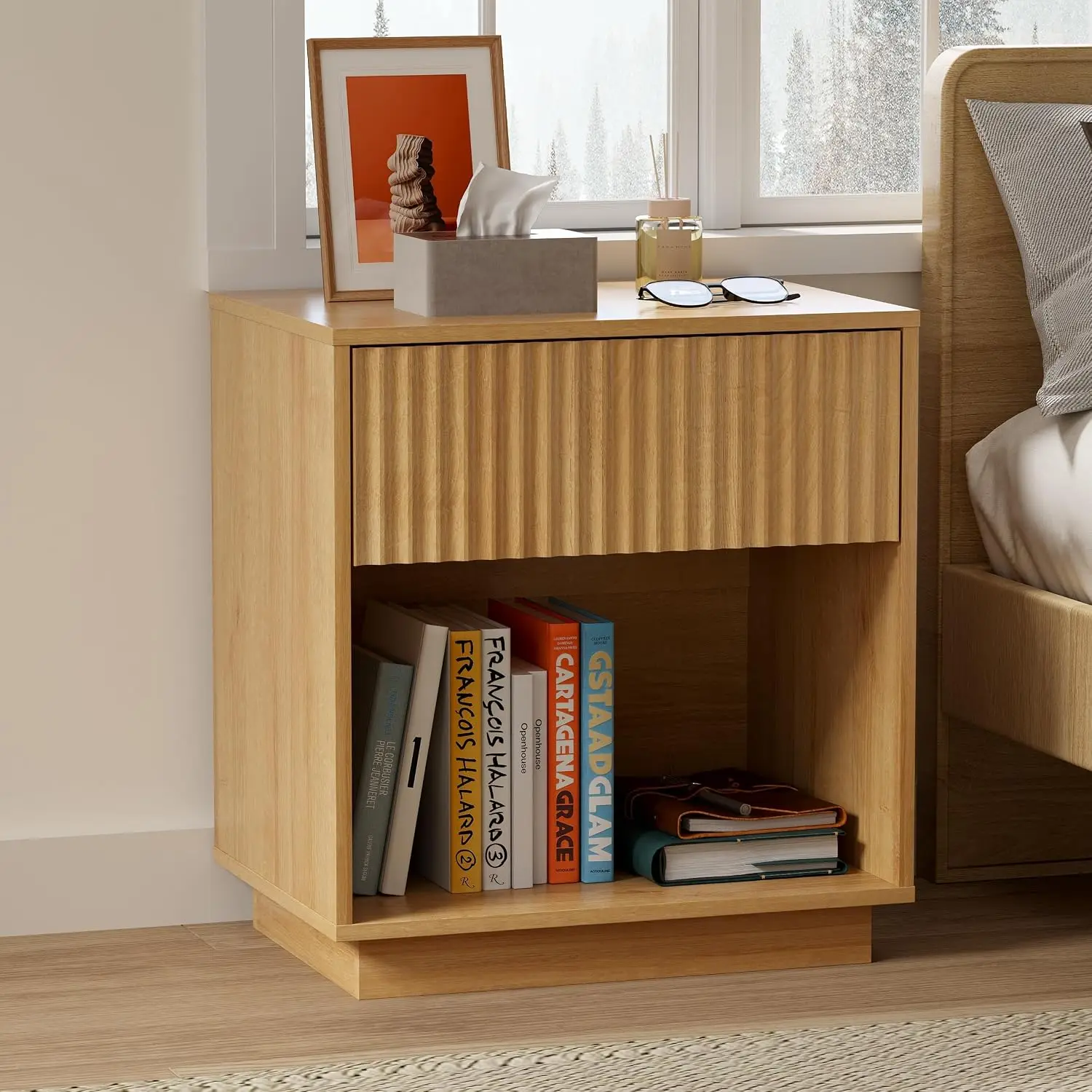 22 Inch Wooden Nightstand with Drawer & Shelf, Mid Century Modern Bedside Table for Bedroom Office, Oak, Customized