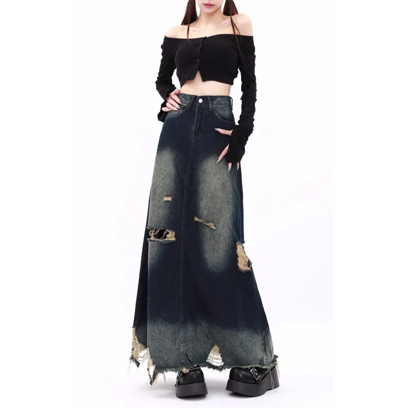 Original Design Heavy Industry Grinding and Washing Wasteland A-type Pendulum Raw Edge Ripped Denim Skirt