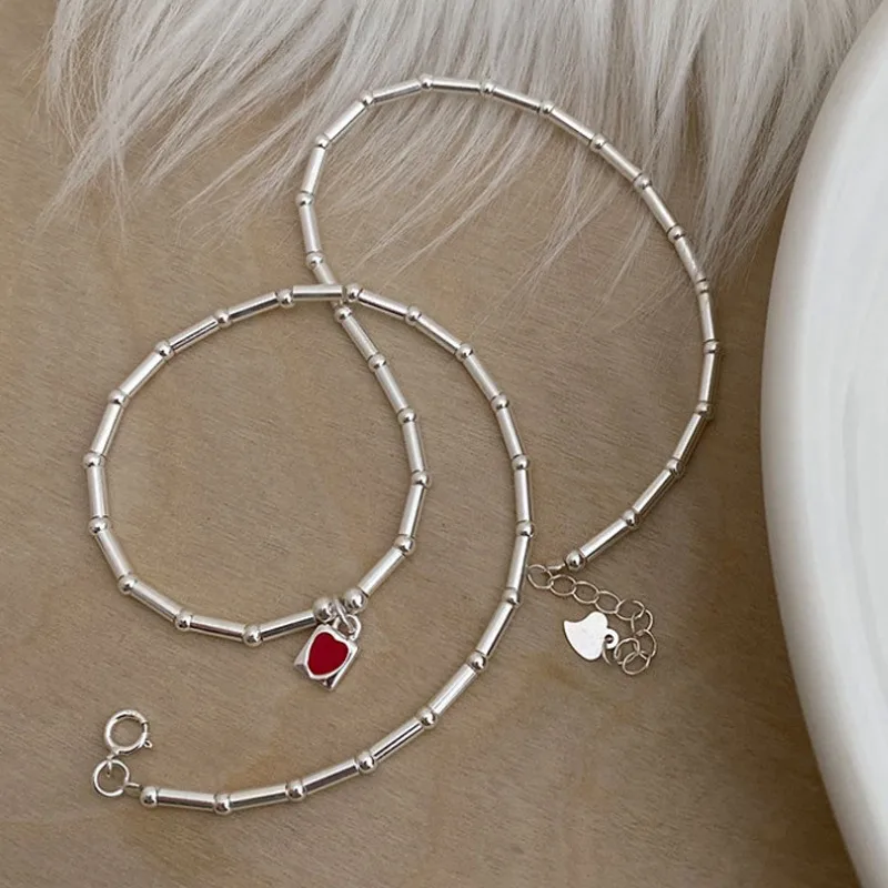 

925 Silver Light Luxury Craft Bamboo Joint Style Beaded Clavicle Chain Red Enamel Heart Pendant Exquisite Sweet Necklace Jewelry