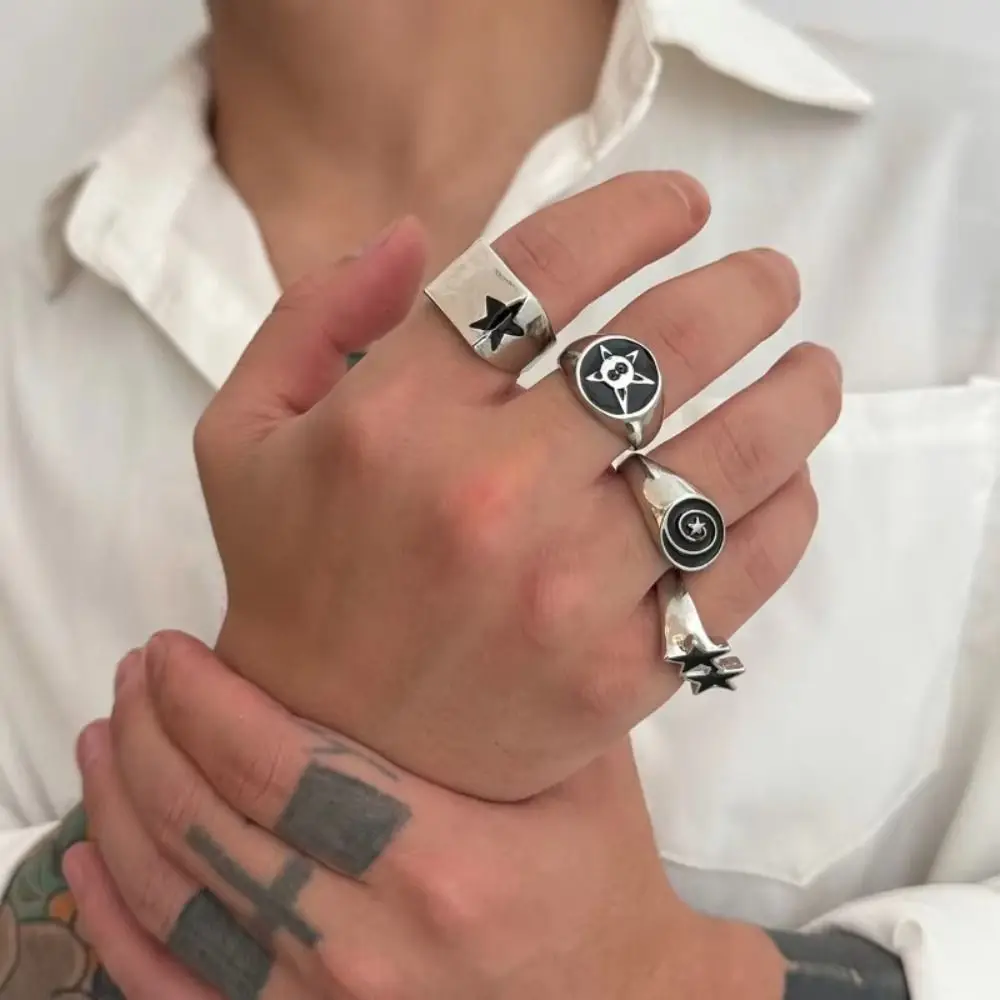 4pcs Irregular Design Geometric Open End Rings Black Five-Pointed Star Geometric Thick Stainless Steel Rings Vintage Knuckle
