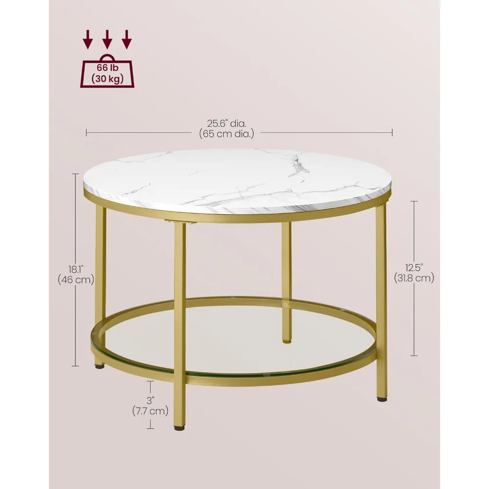 Table basse ronde avec dessus en faux marbre, table basse circulaire à 2 niveaux, avec plateau en verre et étagère de rangement, table centrale moderne