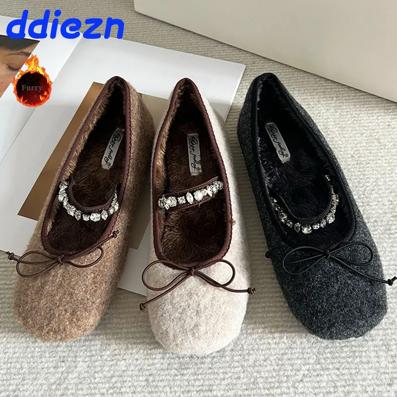 Plush Fashion Bling Women Ballet Flats With Fur Dance Shoes Female Shallow Footwear Rhinestones Ladies Flats Mary Janes Shoes