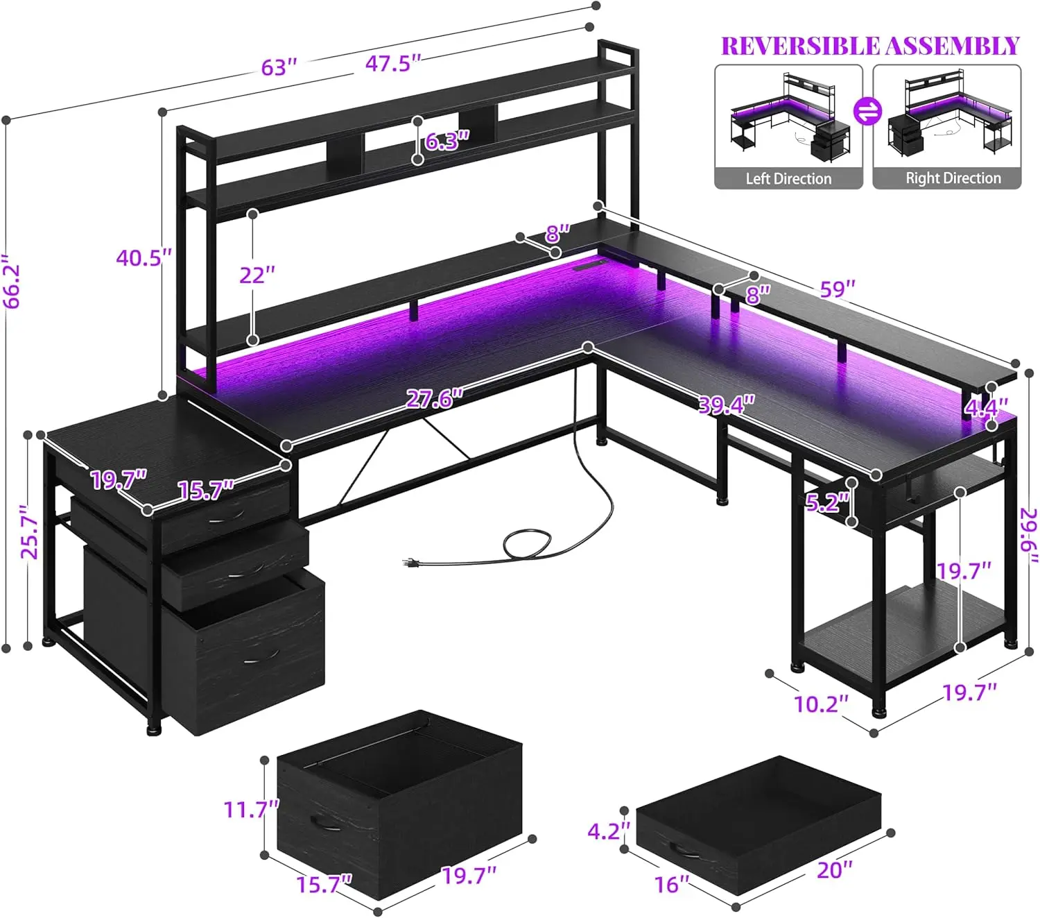 EnHomee Gaming Desk with LED Lights, Sturdy L Shaped Desk with Power Outlets & Drawers, Reversible Computer Desk with Storage Sh