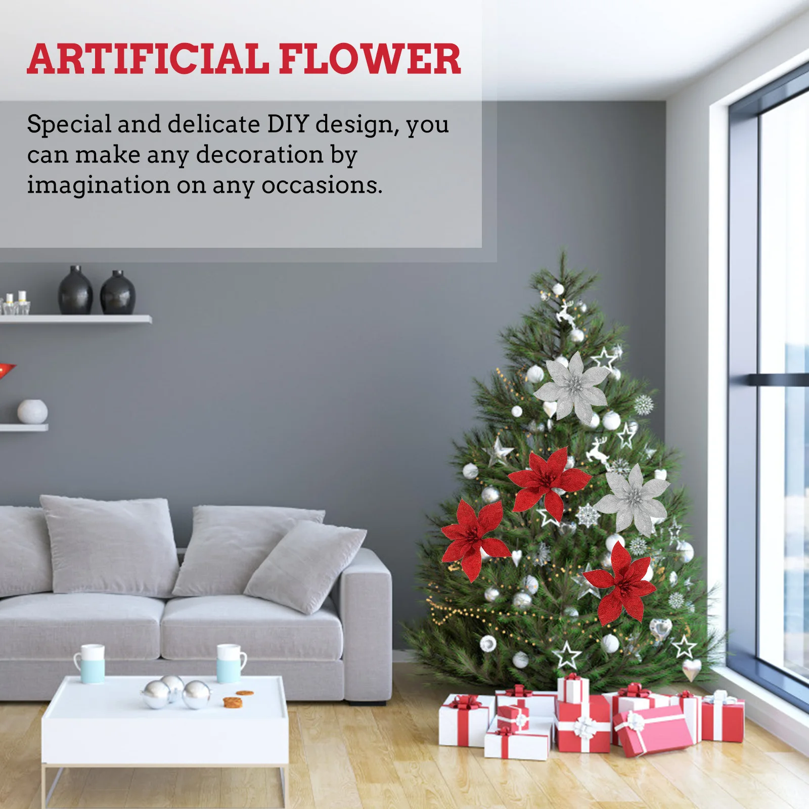 

10Pcs Christmas Glitter Flower Hanging Pendant Artificial Xmas Tree Flower Decoration Party Table Setting Supply