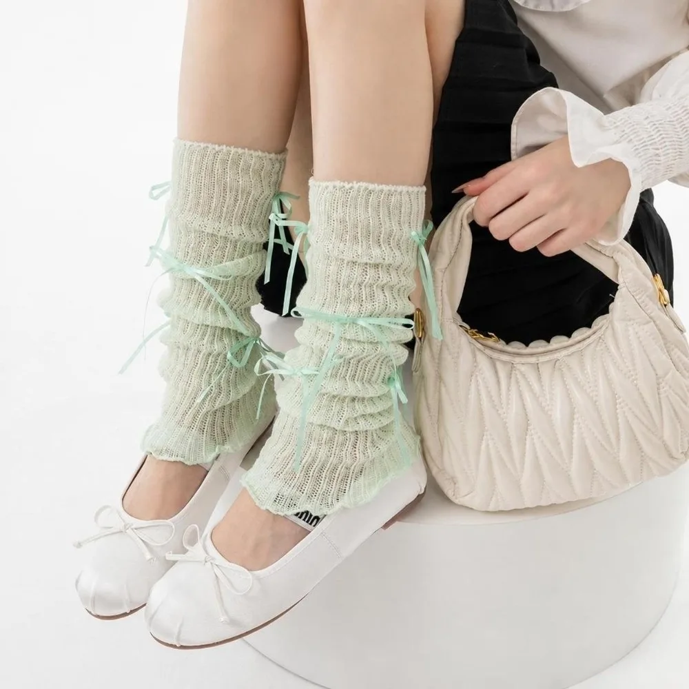 Sweet Cotton Leg Warmers Bow Decor Macaron Color Slouch Socks Lolita Style Thin Style Calf Socks Cosplay