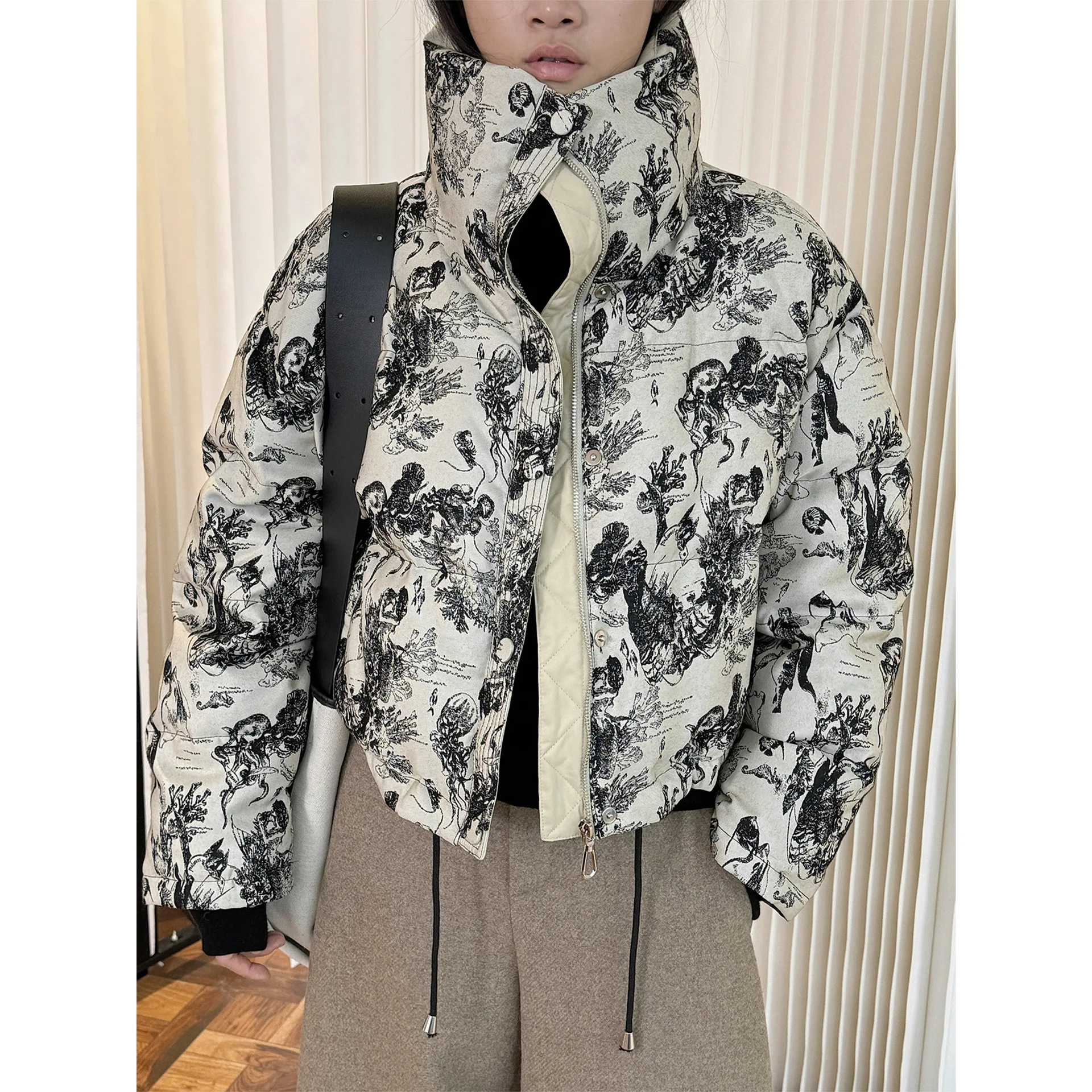 Fluffy Down Jacket for Women, Warm Loose Short Coat, Ink Painting, Oriental Style, Winter