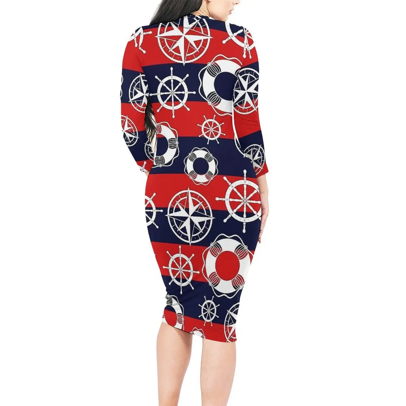 Anchor Dress Long Sleeve Nautical Marine Streetwear Dresses Spring Vintage Bodycon Dress Female Custom Oversize Vestidos