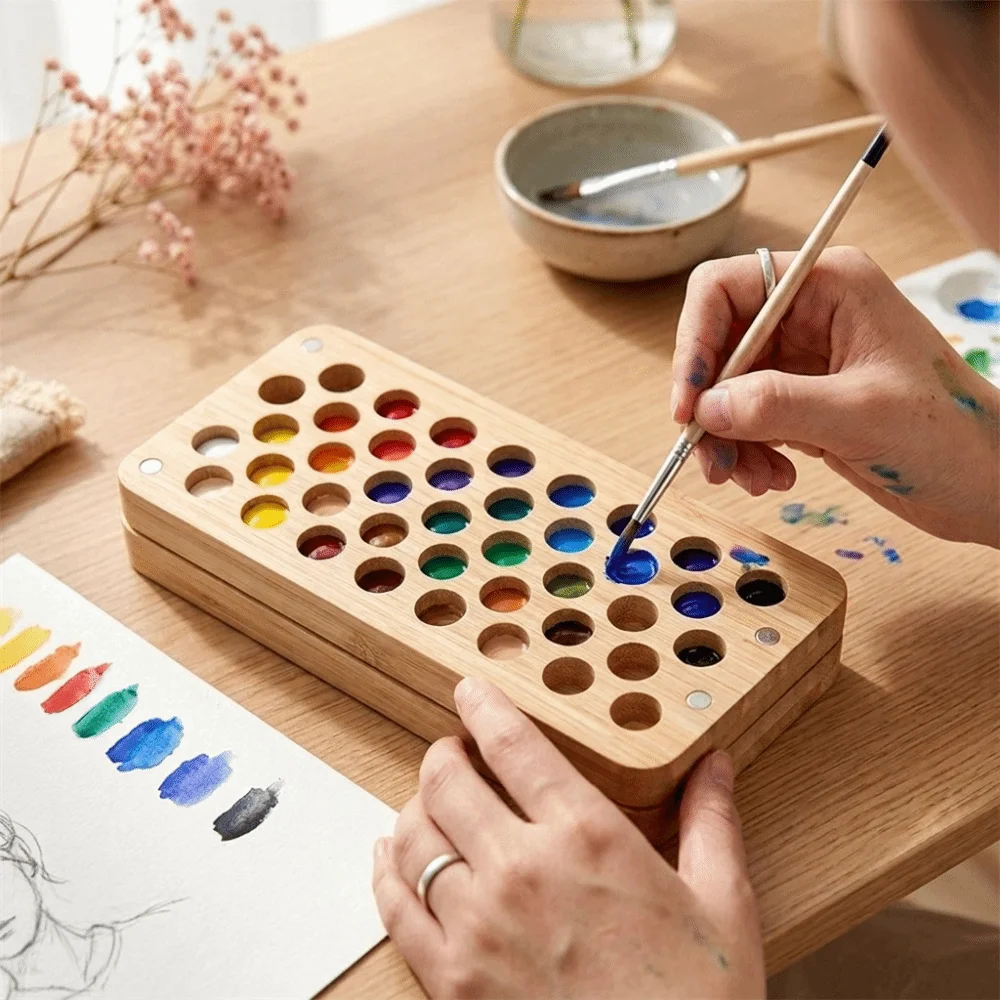 Wood Rectangle Palette Painting Box Handmade Empty Box Mini Watercolor Paint Box Portable with Magnetic Lids