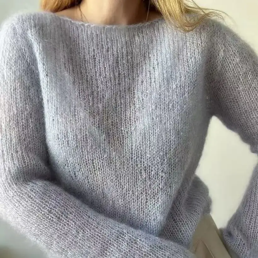 Long sleeved one necked pullover sweater hand woven loose lazy comfortable mohair wool sweater women's spring autumn new style
