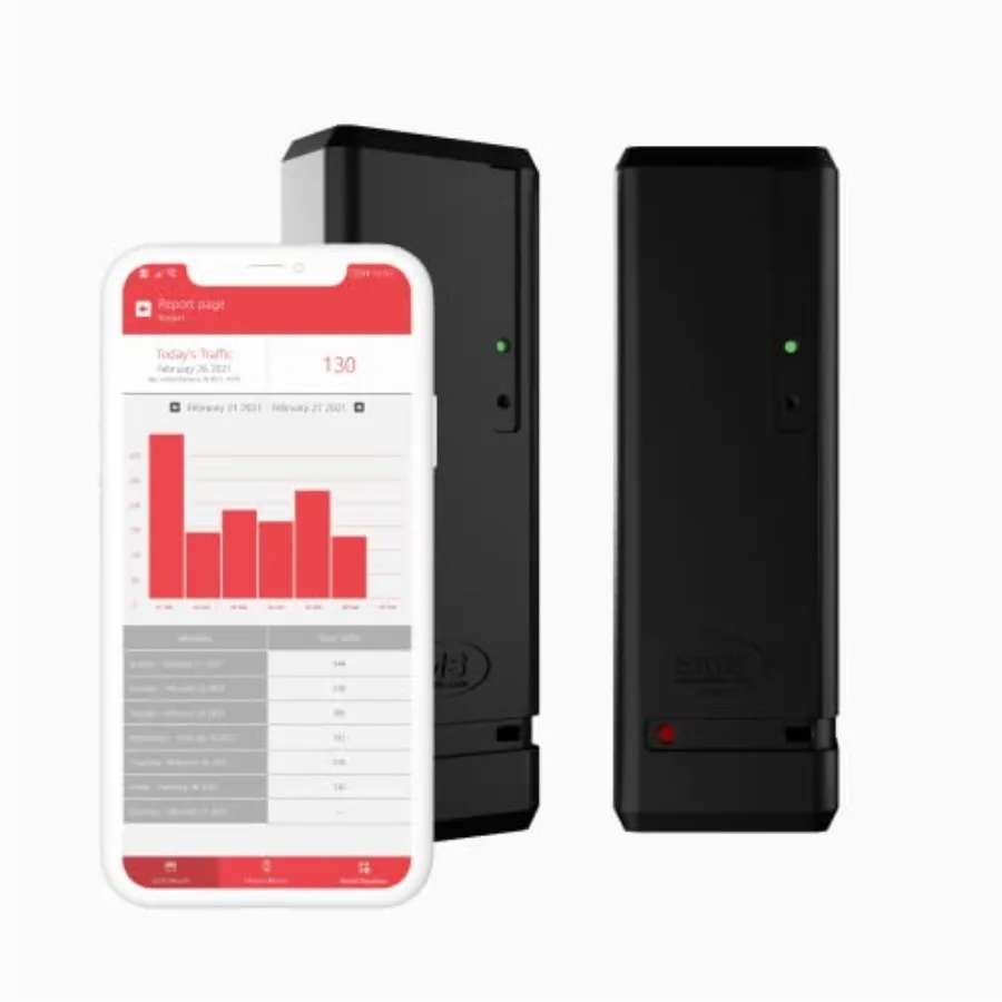 

Retail customer traffic counter with wireless 2.4GHz Wi-Fi, black ABS plastic, in out detection, powered by standard AA batteri