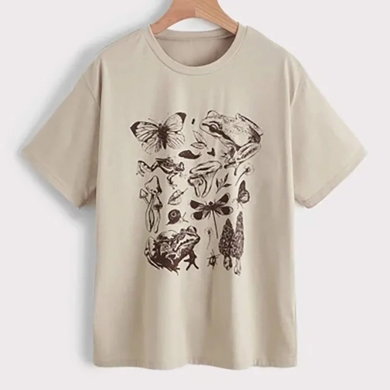 Cute Cottagecore Aesthetic Frog Mushroom Print Shirt Summer Fashion Women Street Tshirts Casual Cotton Short Sleeve Graphic Tops