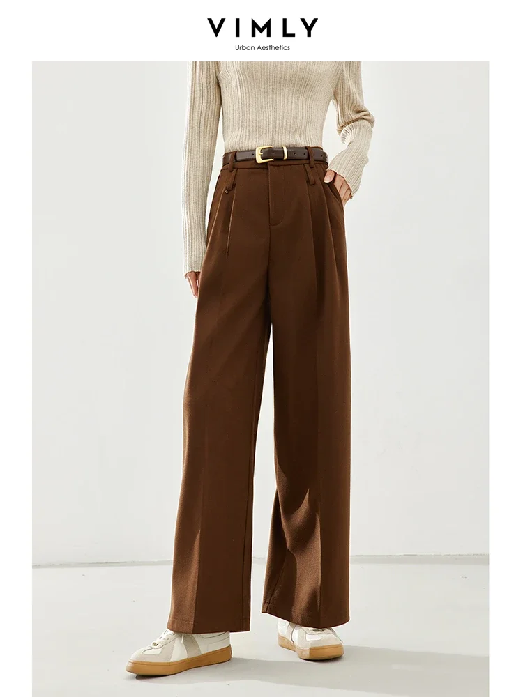 Vimly Coffee Office Lady Wide Leg Dress Pant 2023 Winter Thick Straight Loose Casual Trousers Solid Female Baggy Pants 16506