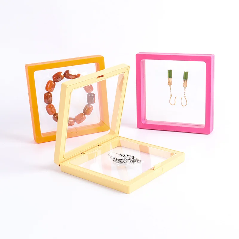Transparente PE Film Jewelry Storage Box, 3D Floating Display Frame, Coin Dustproof Exposição, Anel Brincos Organizador Caso, caso de cor
