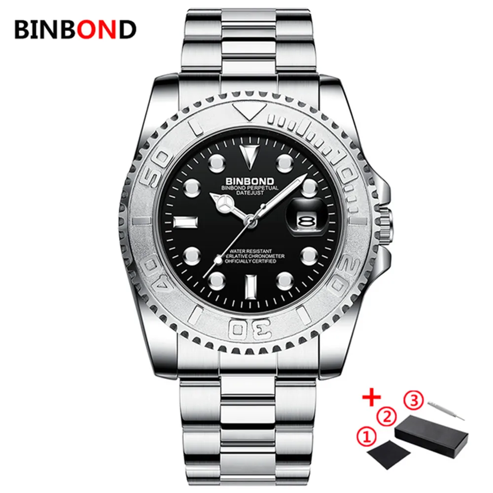 BINBOND B930 Qianghui Steel Band Watch Waterproof Lux Green Water Ghost Series Men\'s Quartz Fashion Watch 2024