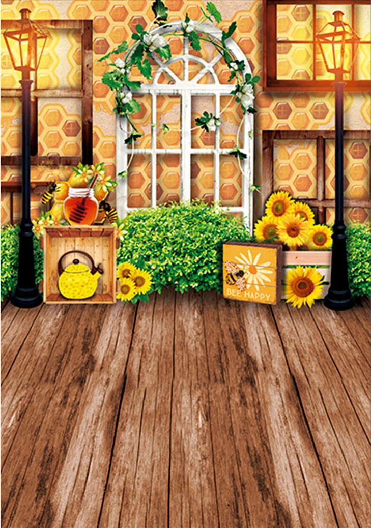 

Bees Sunflower Window Grass Wood honeycomb backdrops computer print children kids Photography Studio Backgrounds