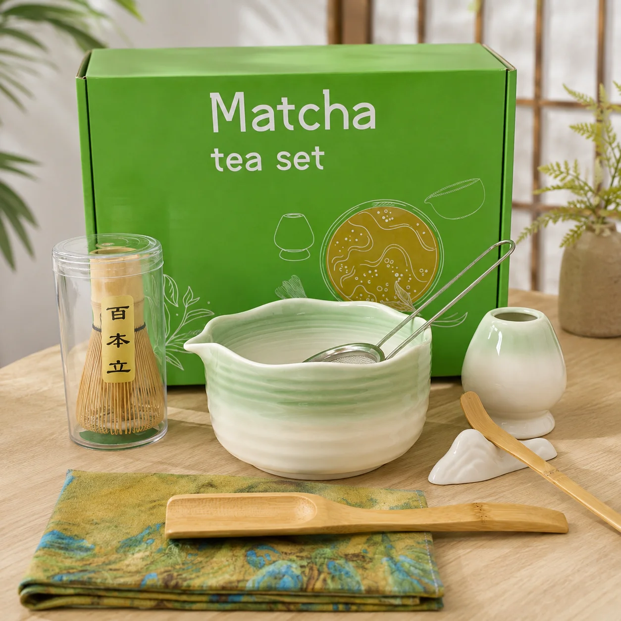 Set da tè al matcha con tazza in ceramica a motivi ondulati, frusta in bambù, supporto per la frusta, colino e cucchiaini per il matcha, kit completo per preparare il tè al matcha a casa e da