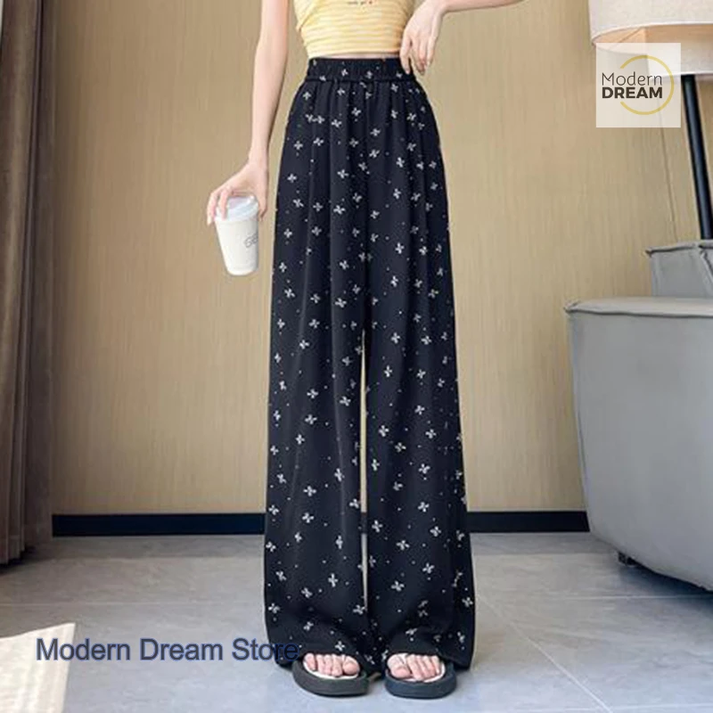Spodnie damskie z szerokimi nogawkami z lodowego jedwabiu w stylu koreańskim z nadrukiem BlackBowKnot, nowa letnia kolekcja, wysoki stan, cienkie, codzienne, uniwersalne spodnie proste.
