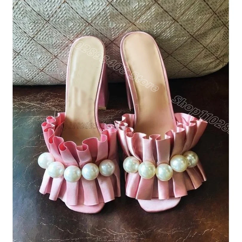 Pink Pearl Decor Trim Silk Slippers Open Toe Stiletto Sweet Style Party Casual Summer Women Slippers 2024 Zapatos Para Mujere