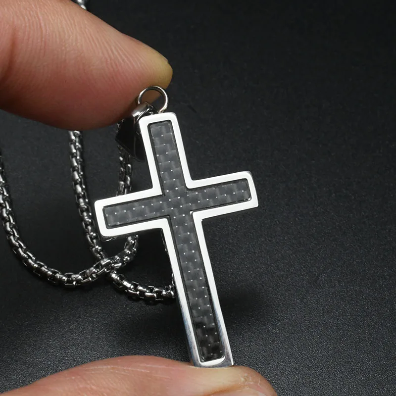 

America Europen Stainless Steel Carbon Fiber Cross Penadant 2mm Pearl Chain Necklace for Men Women