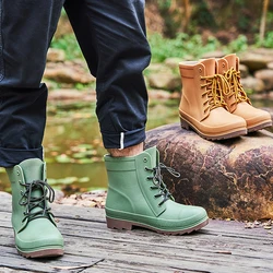 New Plus Size Labor Protection Rubber Shoes Men's Women Fashion Lace-up Rain Boots Waterproof Rubber Ankle Outdoor Rain Boots