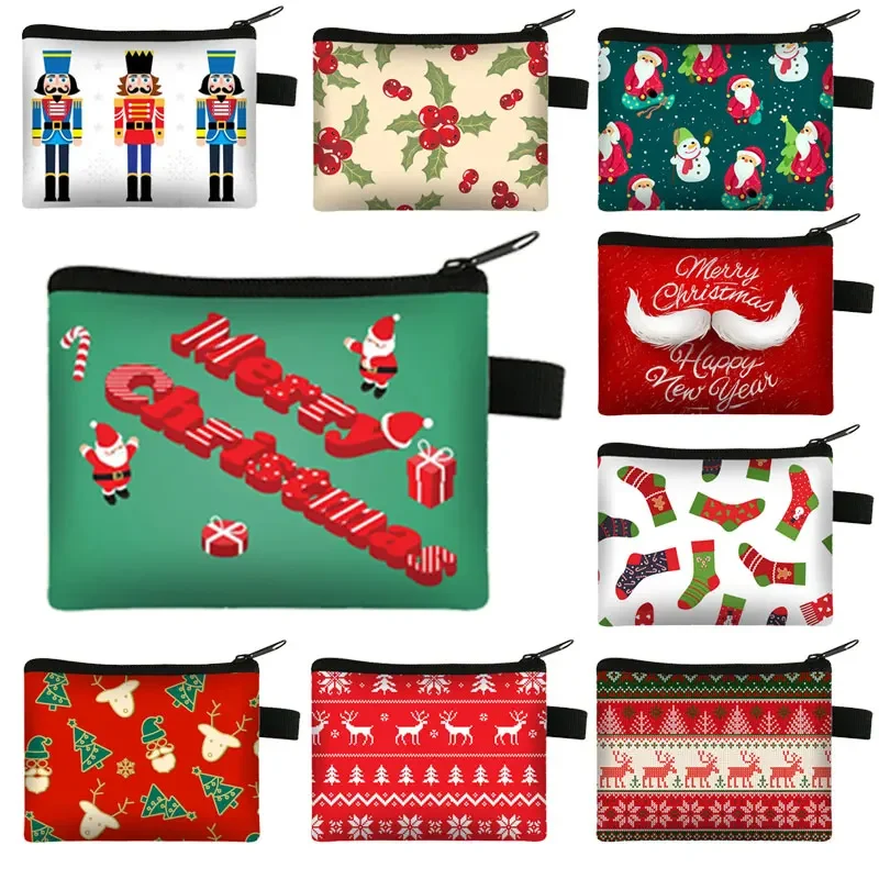 Merry Christmas Print Coin Purse Santa Claus Card Earphone Holder Christmas Nutcracker Wallet Misletoe Coin Bag Zipper Pouch