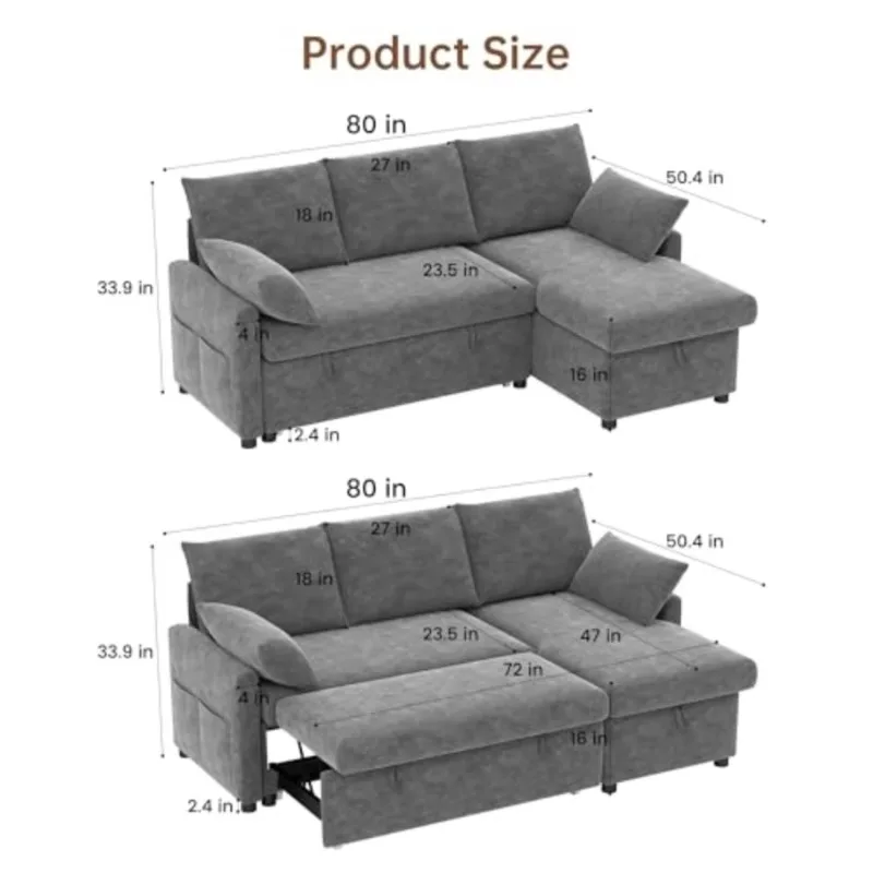 Fabric sofa bed L-shaped chenille fabric sofa bed with pull-out bed and storage lounge chair, suitable for living rooms