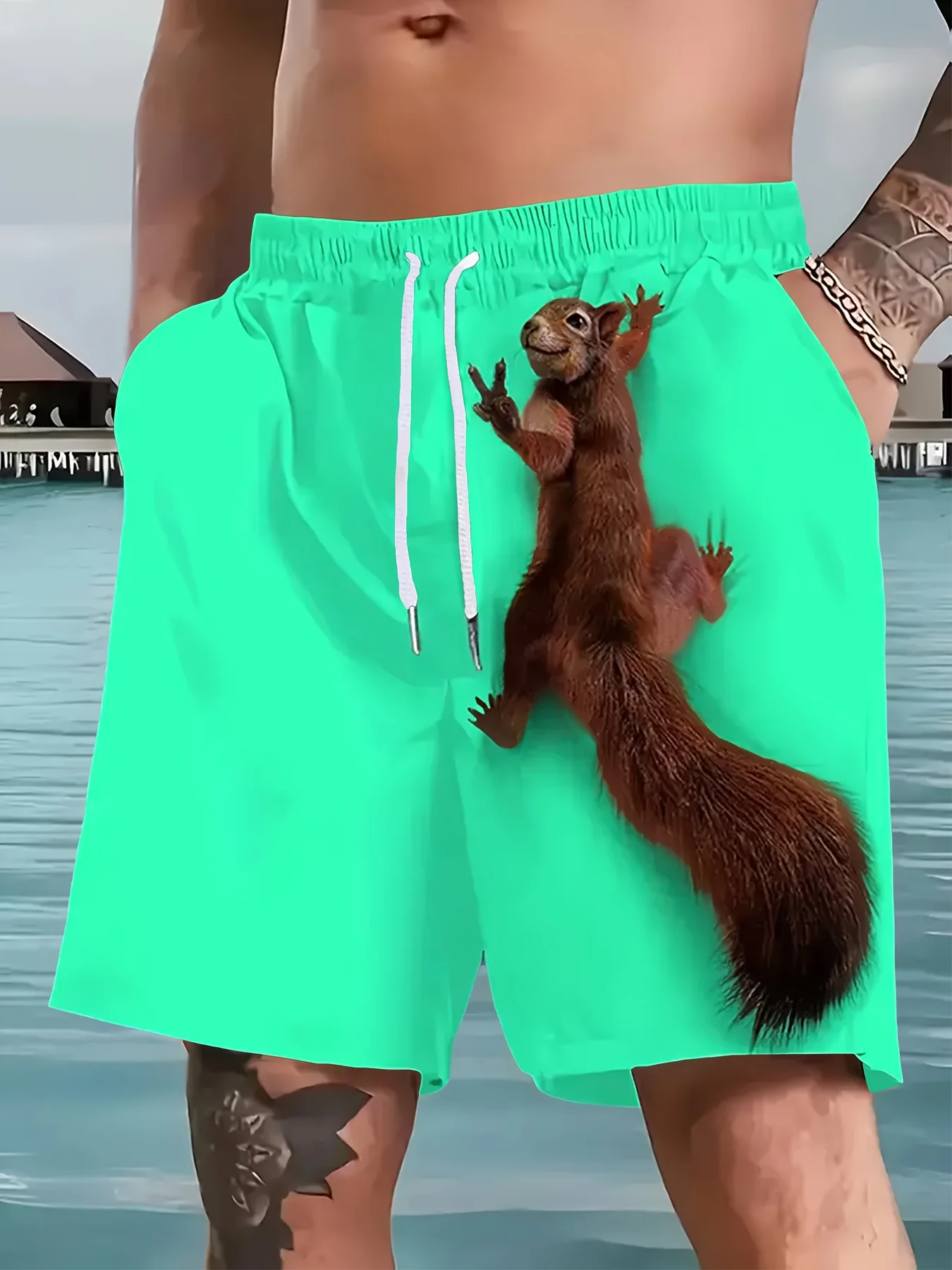 

Men'S Summer Green Squirrel Print Beach Shorts - Adjustable Drawstring with Pockets, Suitable for Outdoor And Beach Vacations -