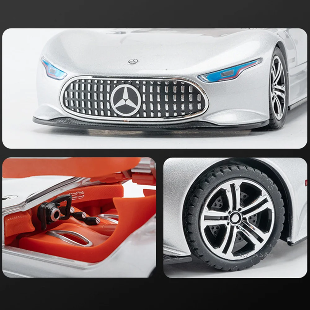 1:24 Vision GT SLS Modello in miniatura Pressofuso in lega Auto Giocattoli Suono Luce Tirare indietro Porte aperte Ruota anteriore Sterzo per i regali del ragazzo
