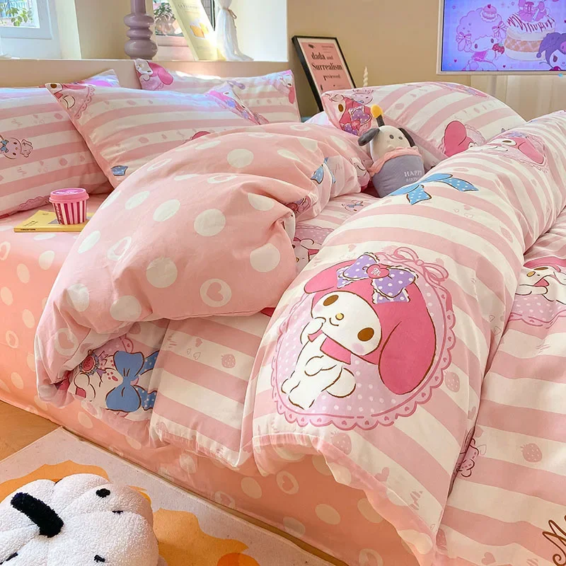 Kawaii Sanrio Melody Bedding Set Quilt Hello Kitty Duvet Cover Comforter Pillow Case Cinnamoroll Bedclothes Children Kid Boy Bed