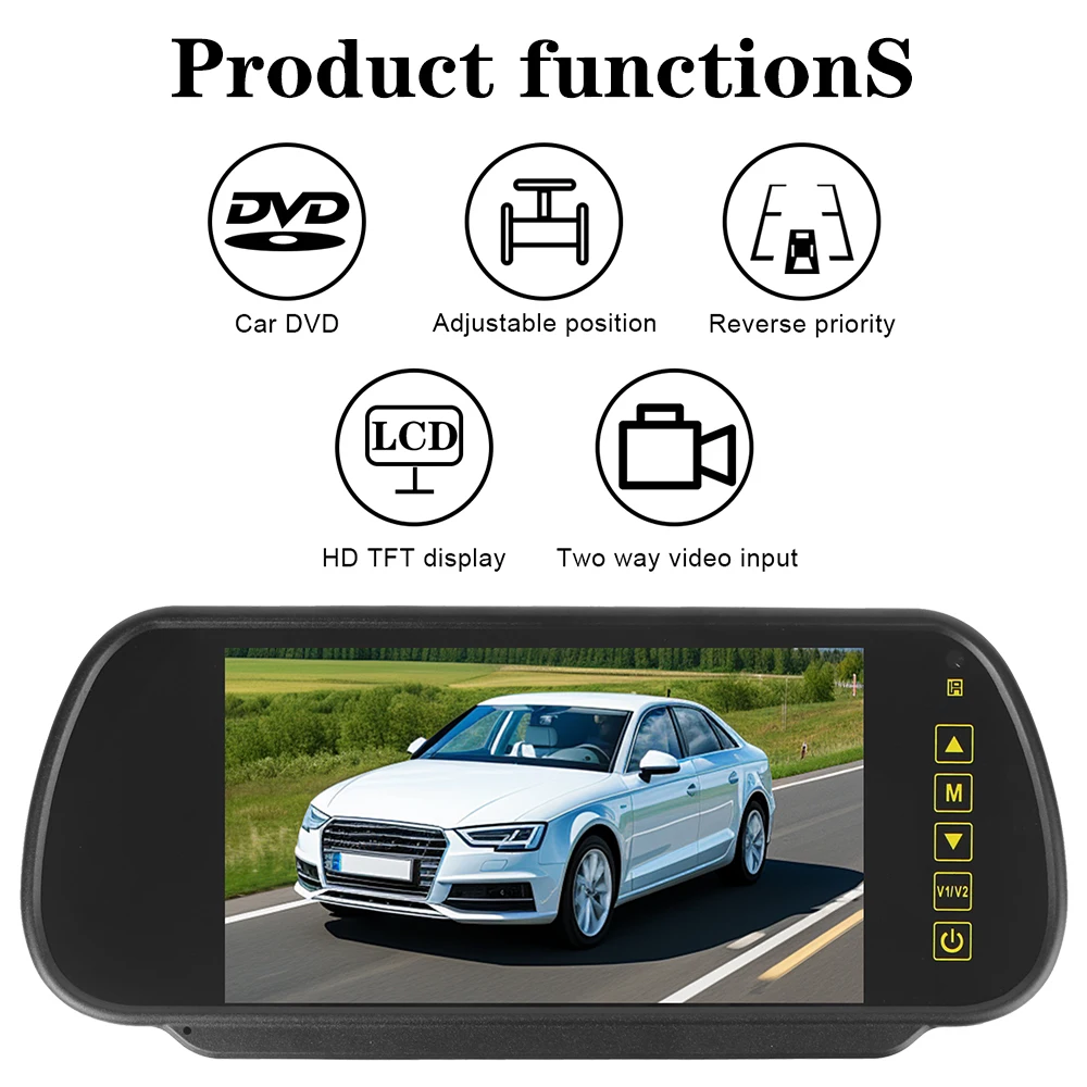 Reverse Priority Car Rearview Mirror Display HD Video Support 7 Inch Screen 12V/24V LED Rearview Monitor Auto Parking Assist