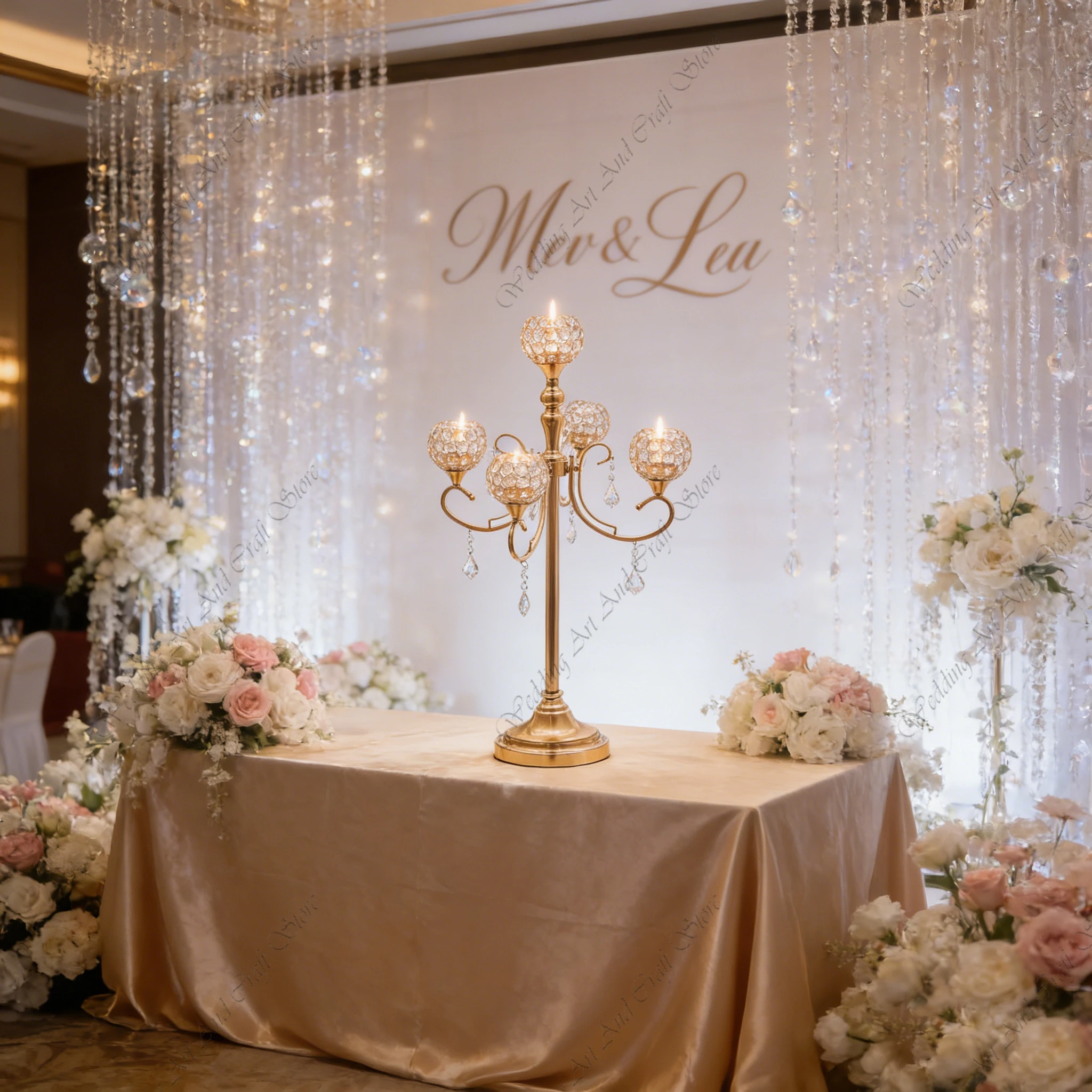 6pcs 86-125cm f30 Wrought Iron Electroplated Gold 5 Arm Crystal Candlestick Floral Arrangement Wedding Decoration Backdrop  y731