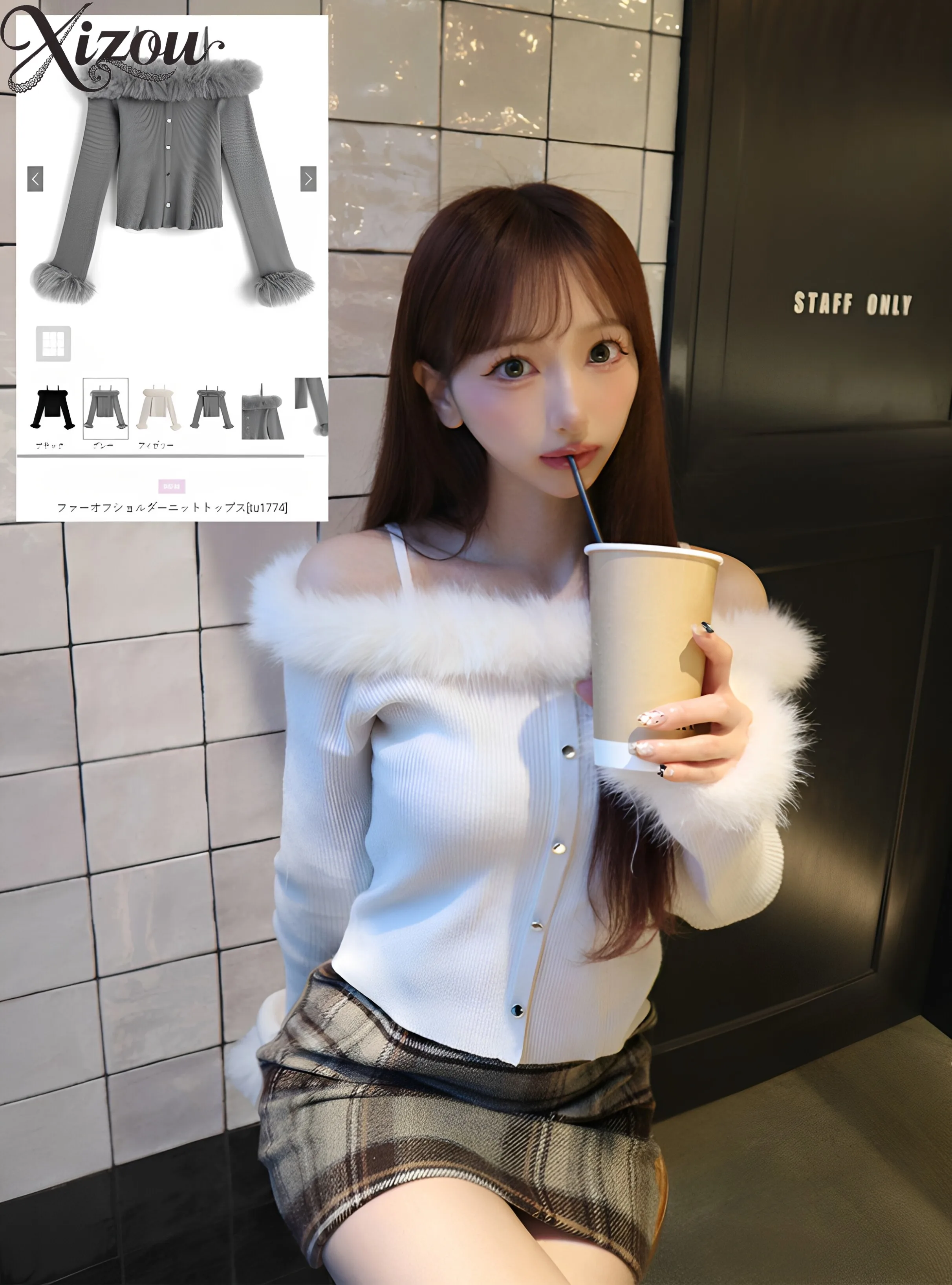 Japanese Plush Off-the-shoulder Pullover Sweater for Women Knitted Top Solid Color Spring and Autumn Knitting Pullovers