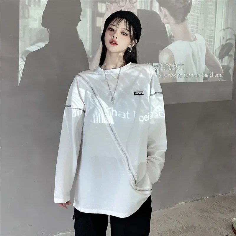 Zipper Slit Patchwork Hip Hop Fashion Harajuku Loose Streetwear TeeWomen T-shirt O-neck Long Sleeve Sexy Strapless Asymmetrical