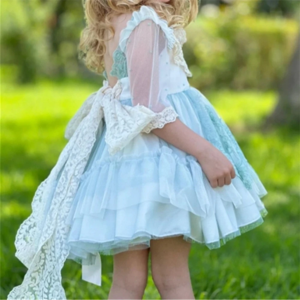 Adorável verão azul flor meninas vestido vintage lolita princesa vestido de baile para crianças presente aniversário comunhão vestidos de casamento