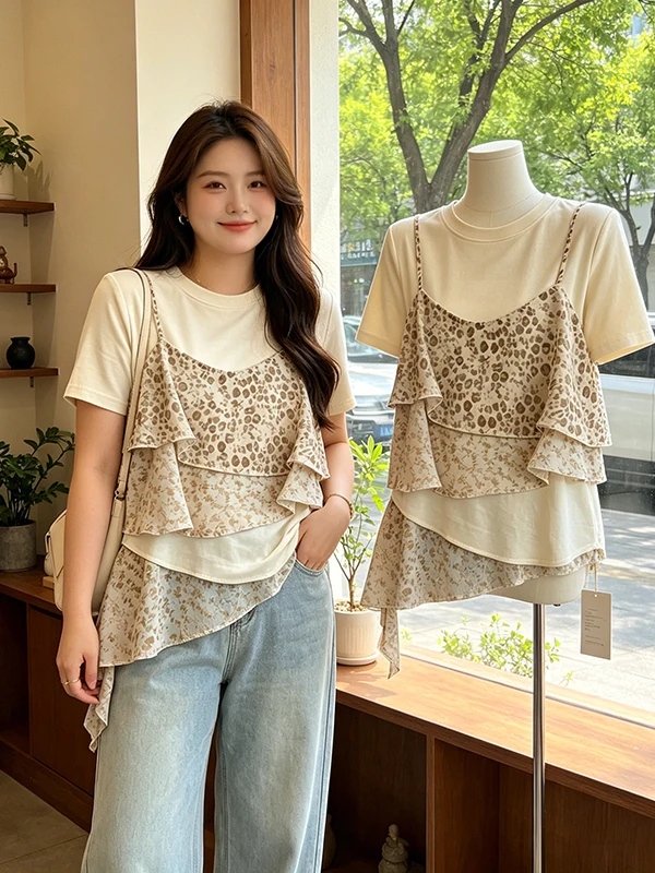 

Summer plus Size Fashionable Floral Patchwork Floaty Top Women's Shirt Casual Style Short Sleeve round Neck Breathable Skin-F...