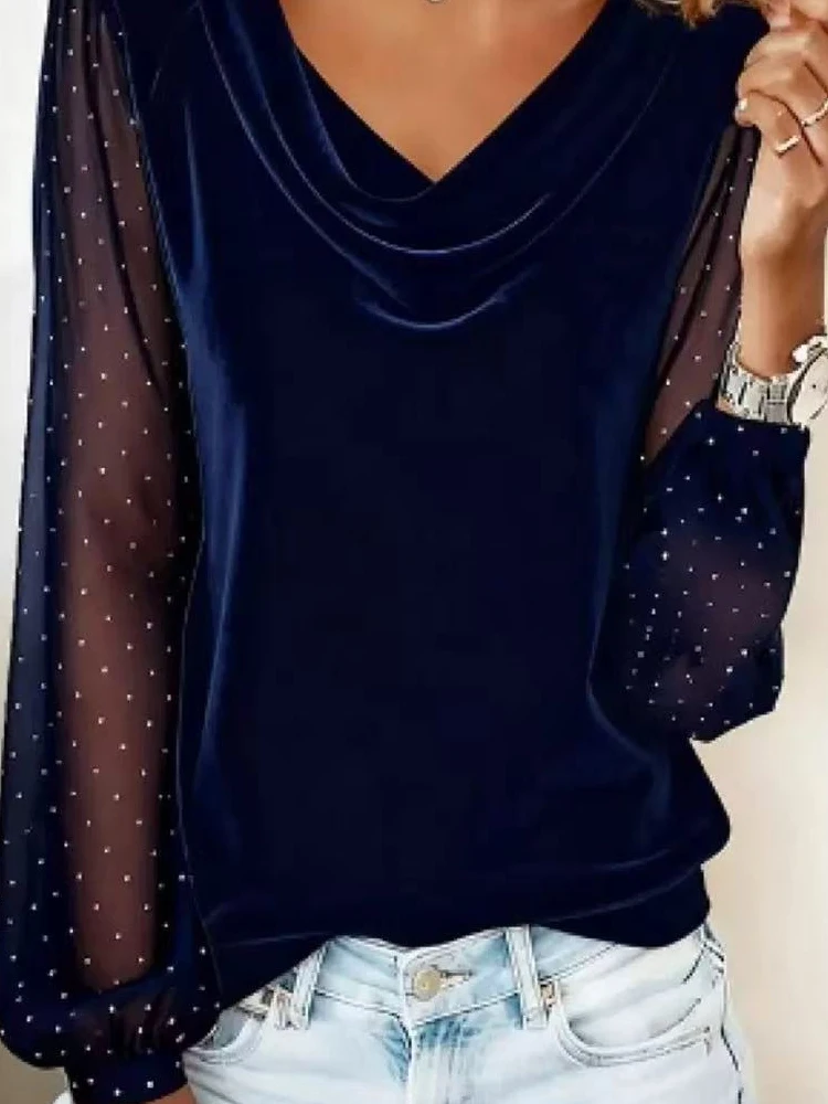 

Elegant Swing Collar Solid Color Pullover Women's Fashion Hight Street Suede Clothing Tops Casual Mesh Long Sleeve Loose Blouse