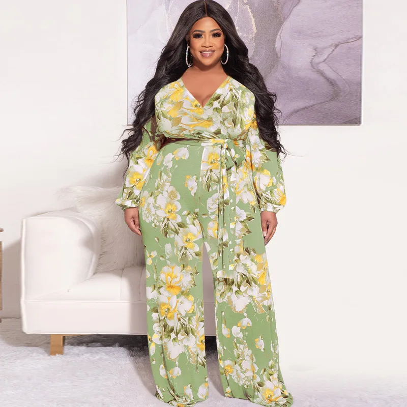 

2024 Women Plus Size Floral Print Jumpsuit African Dashiki Long Sleeve V-Neck Loose Wide Leg Pants Overalls Playxuit Rompers 5XL