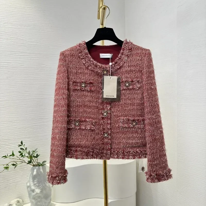 Elegant Autumn Winter New Ladies Long Sleeve Jacket 2024 Kinglylover Daily Top Quality Burgundy Tweed Tassels