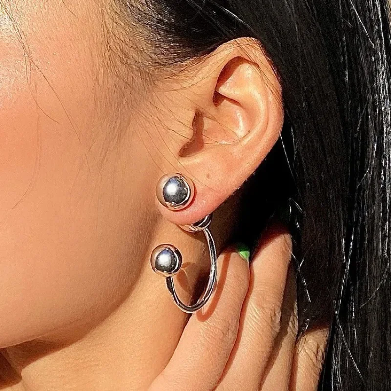 Europe and America Metal Style Fashion Front and Back Earrings High-grade Simple Women Two Round Balls with Earrings Jewelry INS