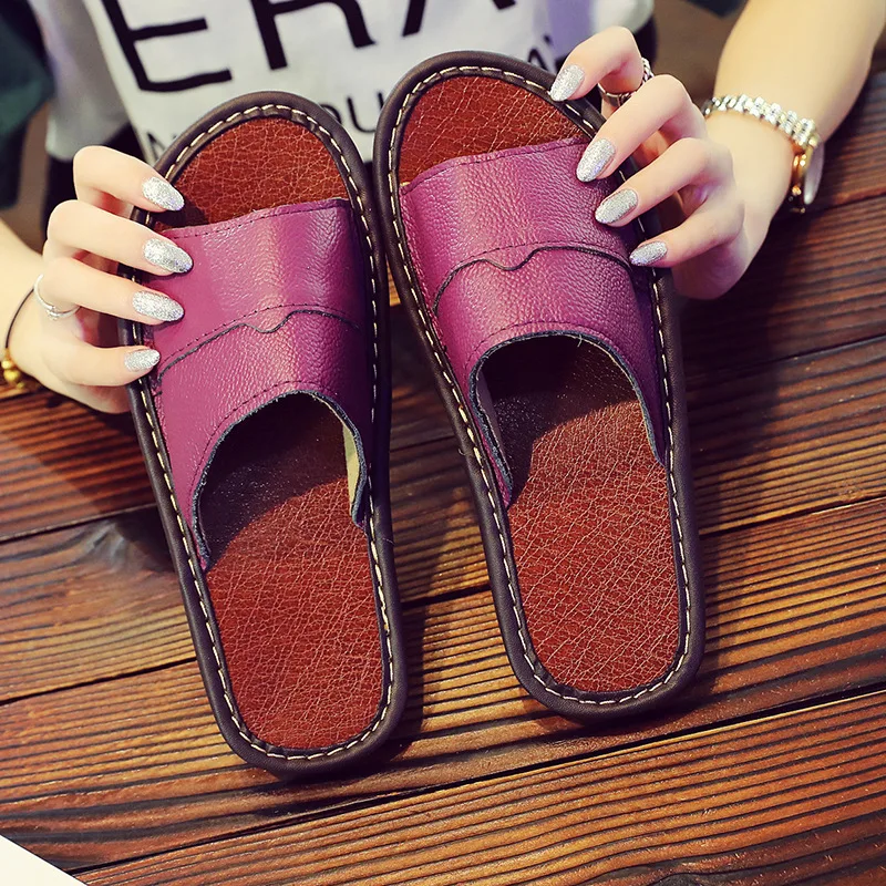 Couple Slippers Genuine Leather Cowhide Men Women\'s Slippers Spring Summer Non-Slip Flats Shoes Comfortable Soft Beach Shoes