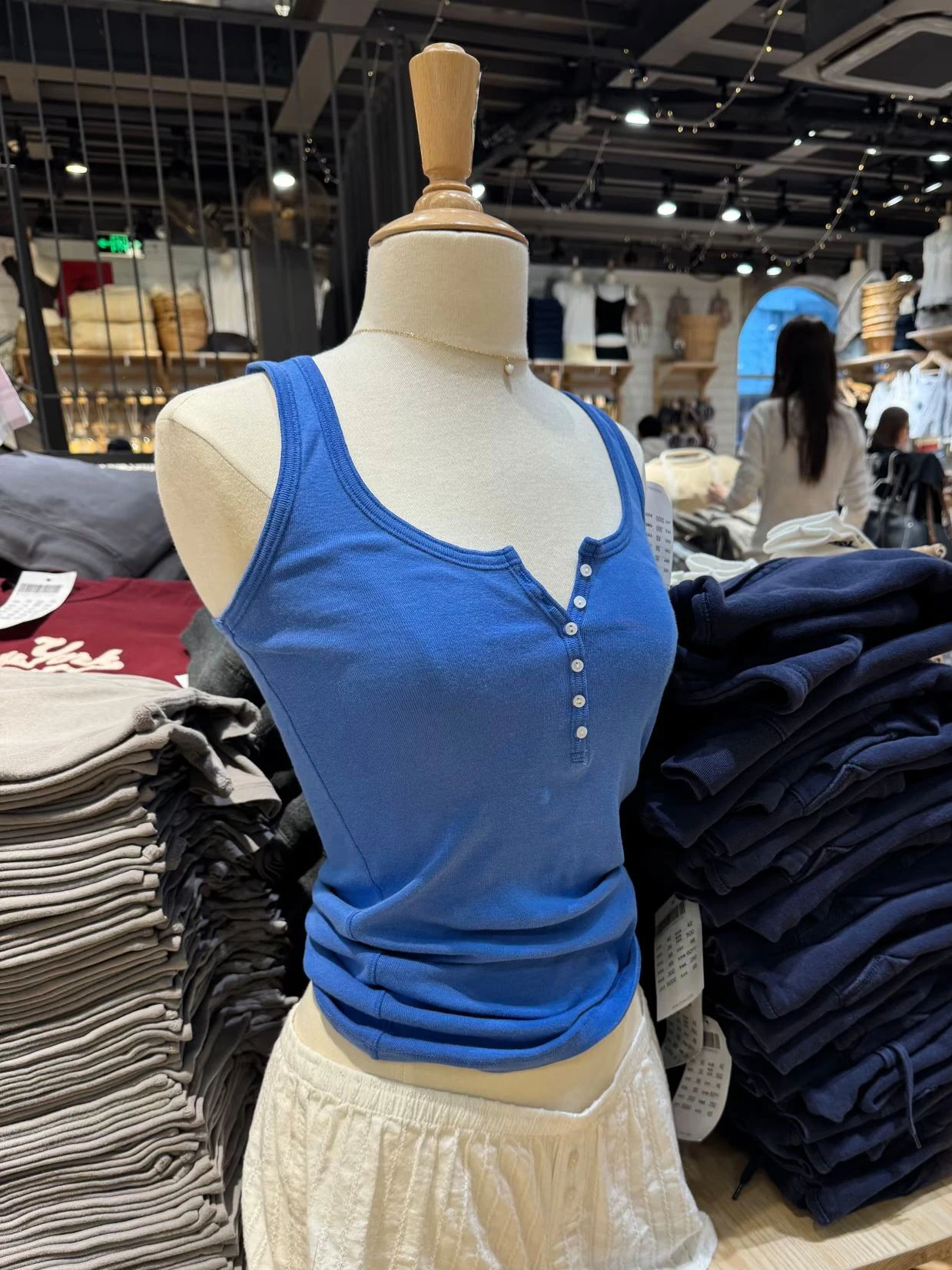 Six Buttons Electric Blue Tank Top Woman Summer U Collar Sleeveless Slim Cotton Vest Fashion Streetwear All-match Basic Tops Y2k